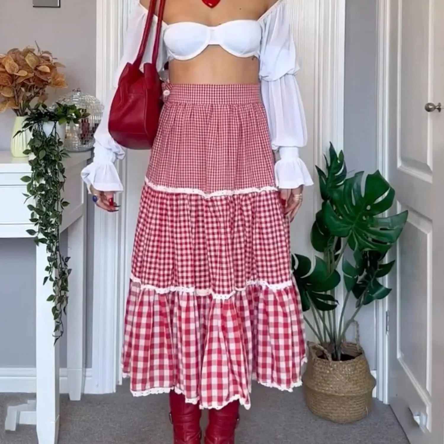 Women Summer Boho Plaid Maxi Skirt Elastic Waist Flowy A-Line Tiered Long Beach Skirt Y2k Bohemian Gingham Skirt