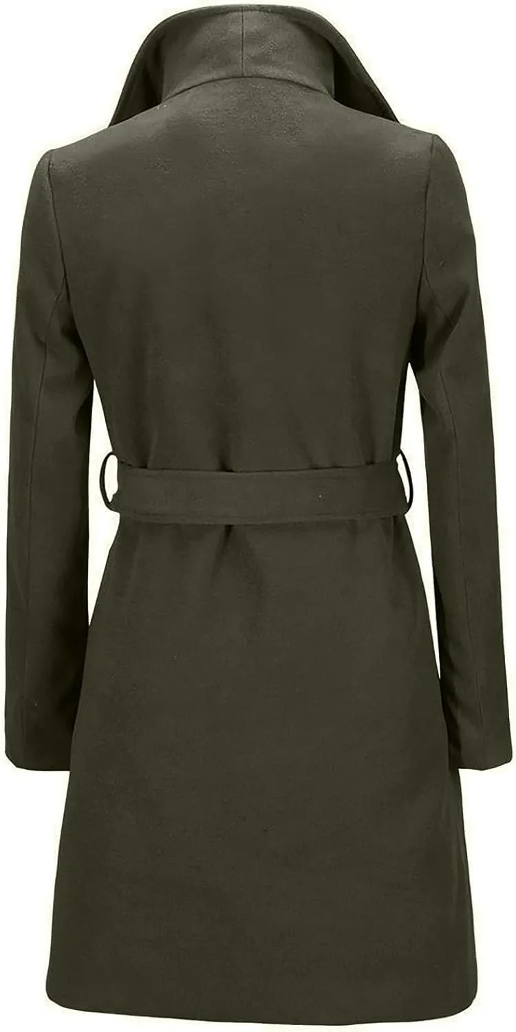 Women Trench Coat Mid Long Elegant Outerwear Coats Classic Trendy Overcoats Solid Lapel Winter Jackets with Belt