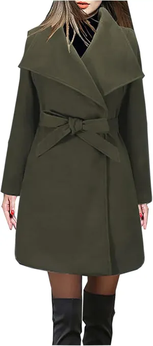 Women Trench Coat Mid Long Elegant Outerwear Coats Classic Trendy Overcoats Solid Lapel Winter Jackets with Belt