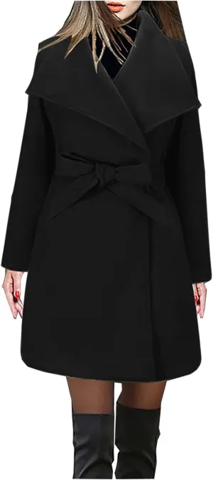 Women Trench Coat Mid Long Elegant Outerwear Coats Classic Trendy Overcoats Solid Lapel Winter Jackets with Belt