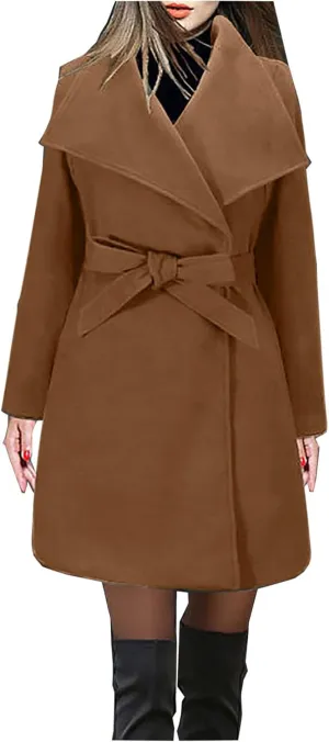 Women Trench Coat Mid Long Elegant Outerwear Coats Classic Trendy Overcoats Solid Lapel Winter Jackets with Belt