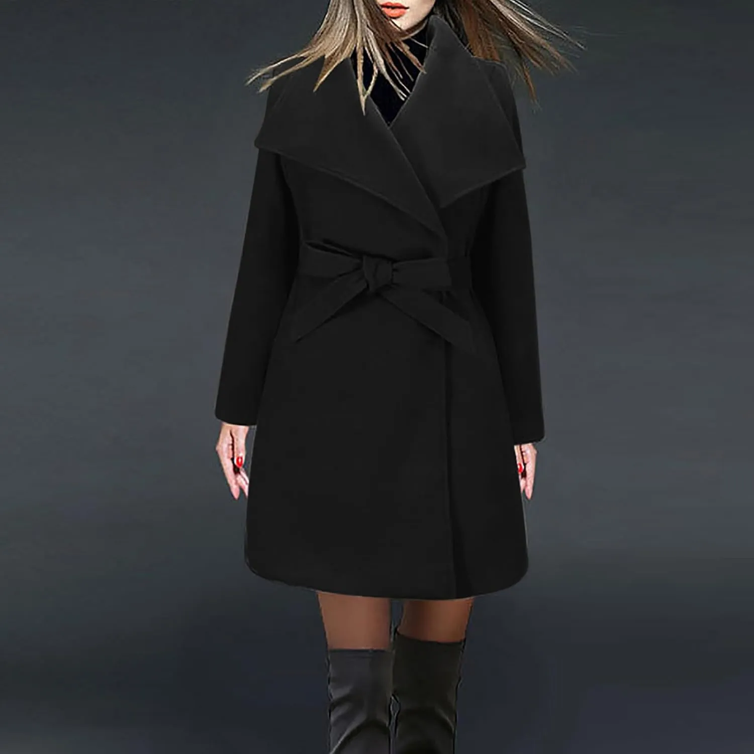 Women Trench Coat Mid Long Elegant Outerwear Coats Classic Trendy Overcoats Solid Lapel Winter Jackets with Belt