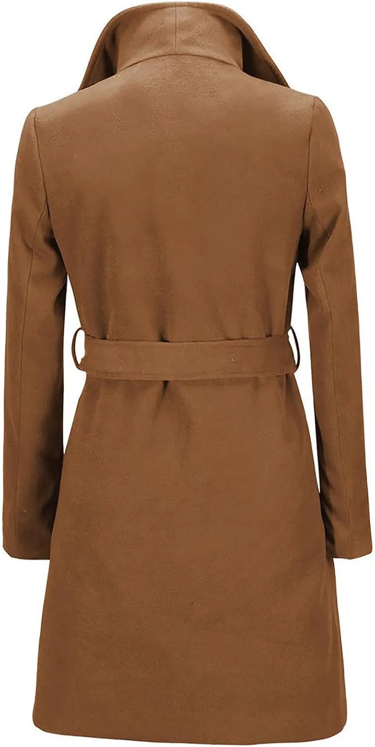 Women Trench Coat Mid Long Elegant Outerwear Coats Classic Trendy Overcoats Solid Lapel Winter Jackets with Belt