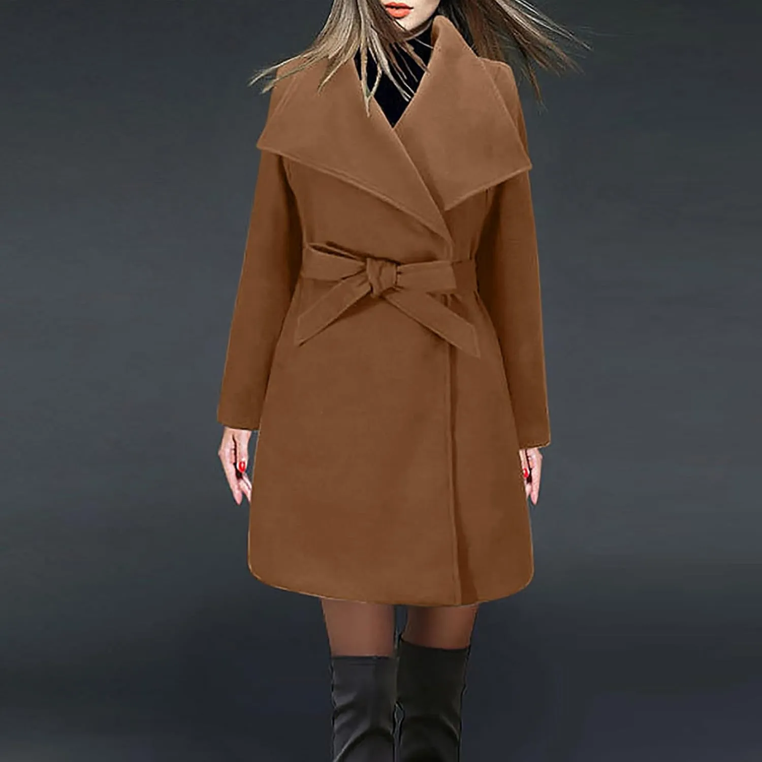 Women Trench Coat Mid Long Elegant Outerwear Coats Classic Trendy Overcoats Solid Lapel Winter Jackets with Belt