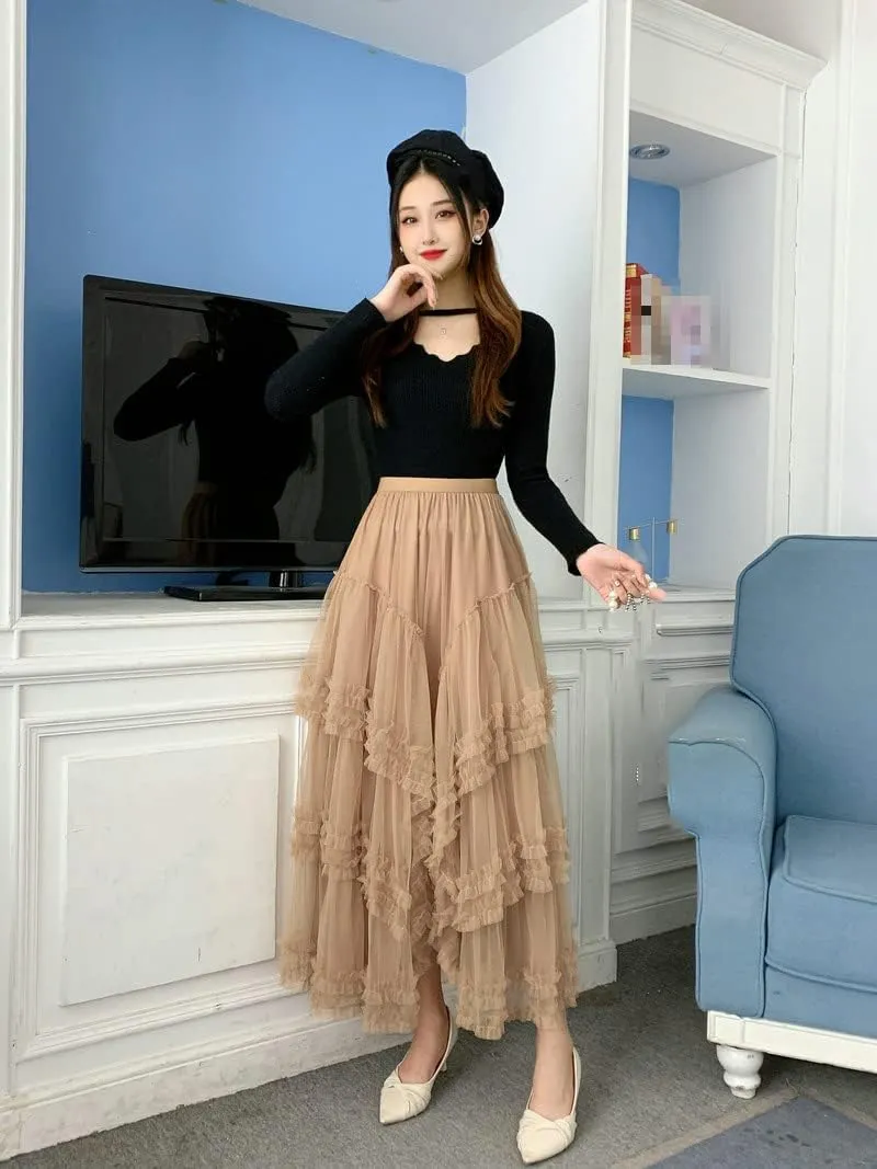 Women Tulle Skirt Women Midi Long Skirt High Waist A Line Female Party Skirt
