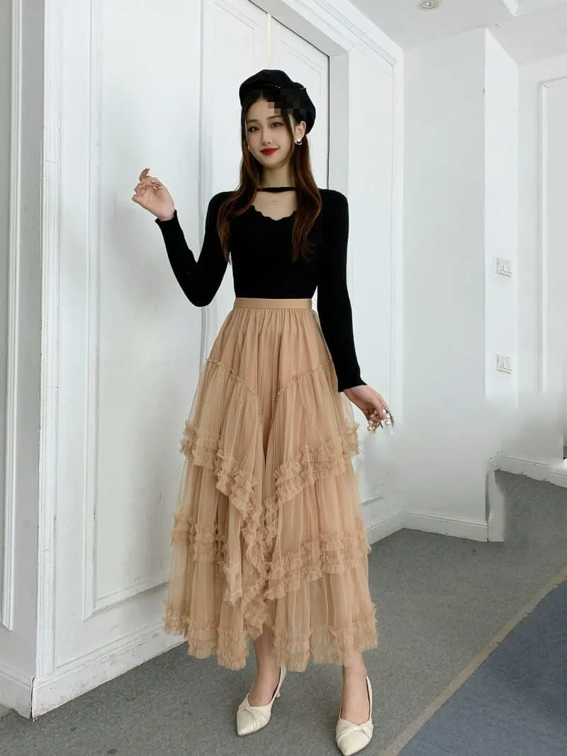 Women Tulle Skirt Women Midi Long Skirt High Waist A Line Female Party Skirt