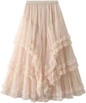 Women Tulle Skirt Women Midi Long Skirt High Waist A Line Female Party Skirt