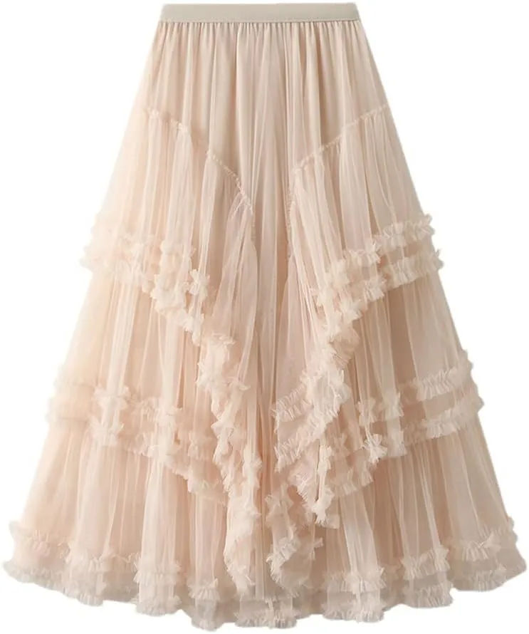 Women Tulle Skirt Women Midi Long Skirt High Waist A Line Female Party Skirt