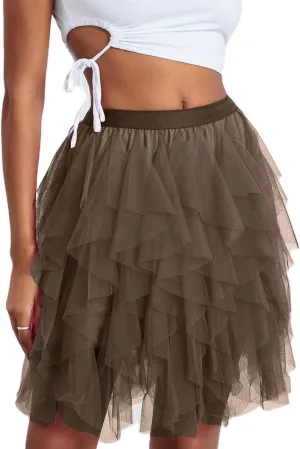 Women Tutu Skirt a Line Elastic Waist Layered Tulle Midi Skirt Rave Party Pleated Skirt Halloween Mesh Skirt