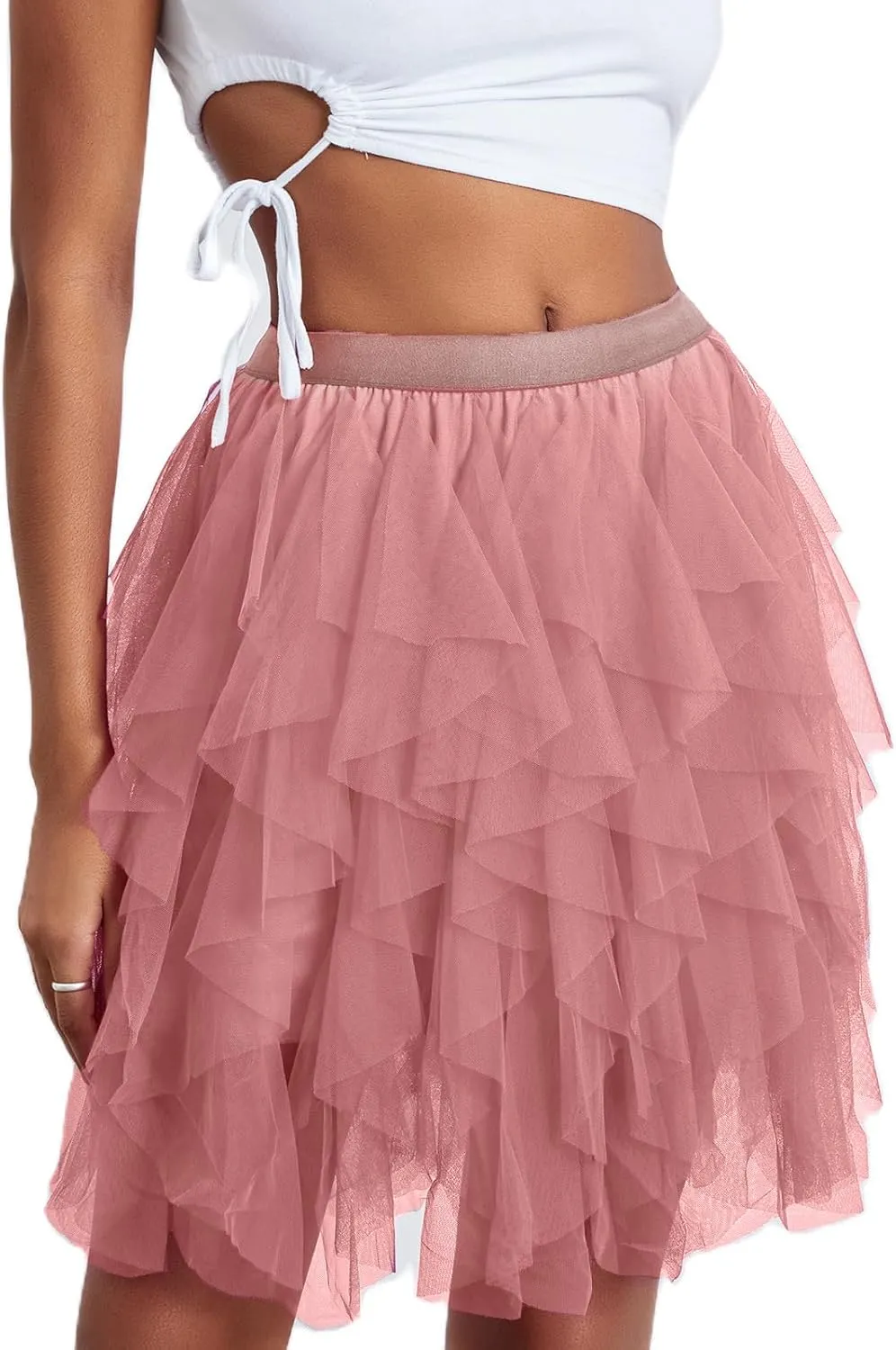 Women Tutu Skirt a Line Elastic Waist Layered Tulle Midi Skirt Rave Party Pleated Skirt Halloween Mesh Skirt