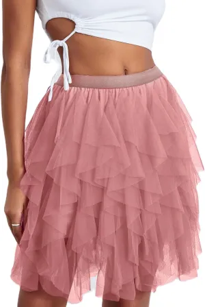 Women Tutu Skirt a Line Elastic Waist Layered Tulle Midi Skirt Rave Party Pleated Skirt Halloween Mesh Skirt