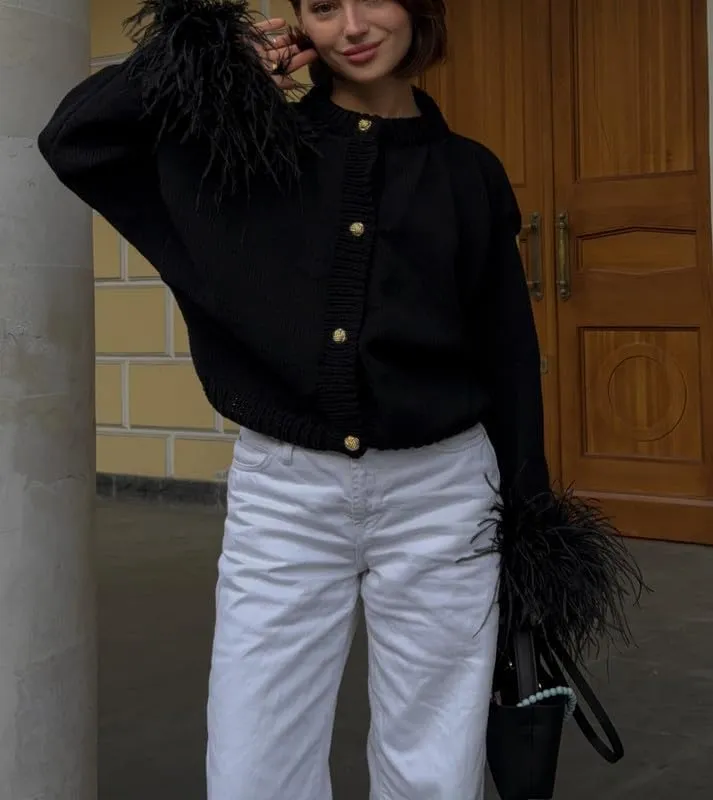 Women Velvet Fur Trim Button Up Shirts Long Sleeve Feather Patchwork Open Front Tops Trendy Holiday Jacket Outwear