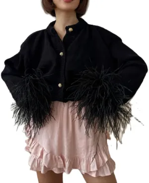 Women Velvet Fur Trim Button Up Shirts Long Sleeve Feather Patchwork Open Front Tops Trendy Holiday Jacket Outwear