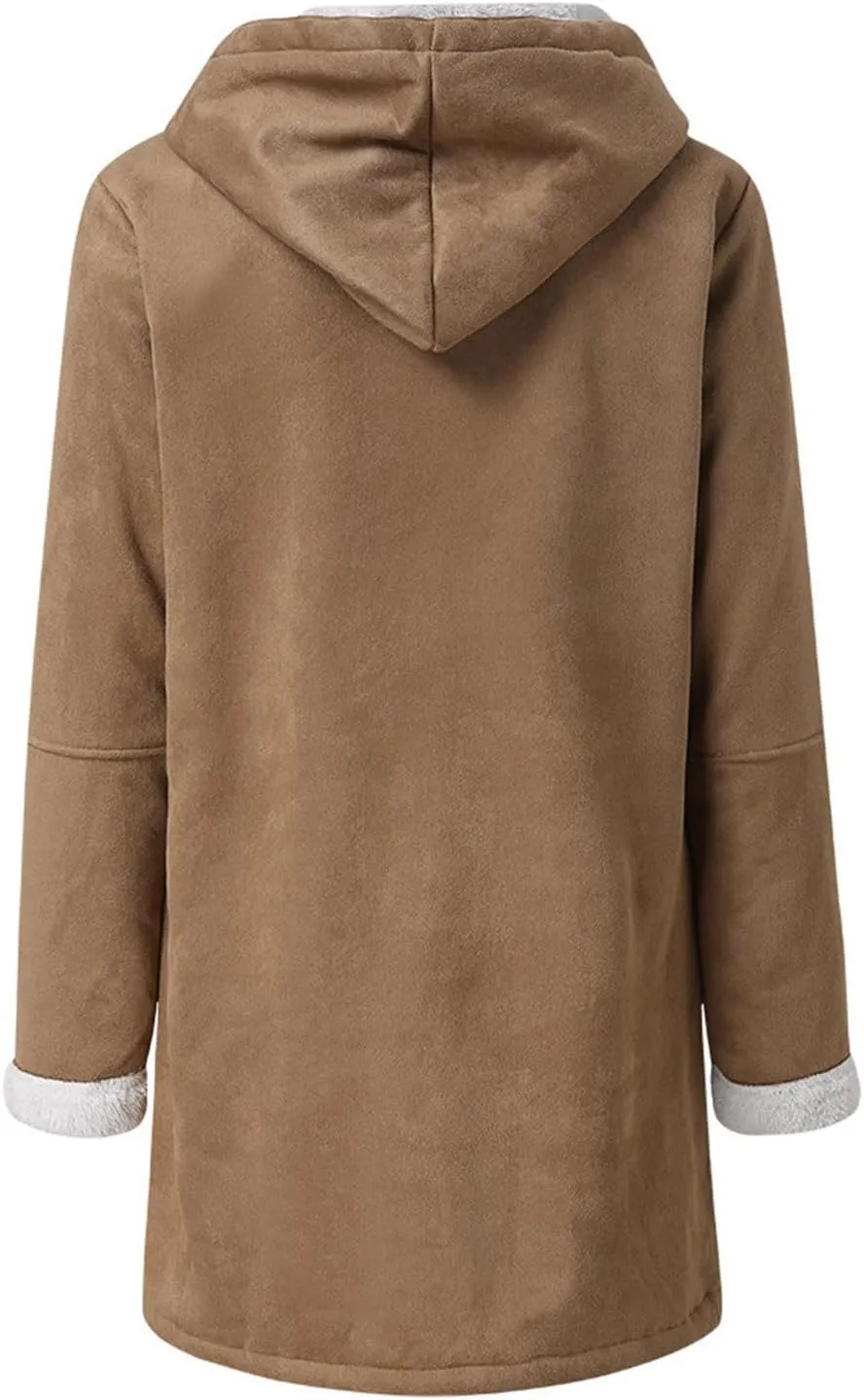 Women Winter Coats Trendy Sherpa Fleece Lined Suede Jackets Hooded Parka Faux Suede Wram Outwear Button Down Overcoat