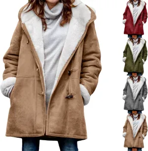 Women Winter Coats Trendy Sherpa Fleece Lined Suede Jackets Hooded Parka Faux Suede Wram Outwear Button Down Overcoat