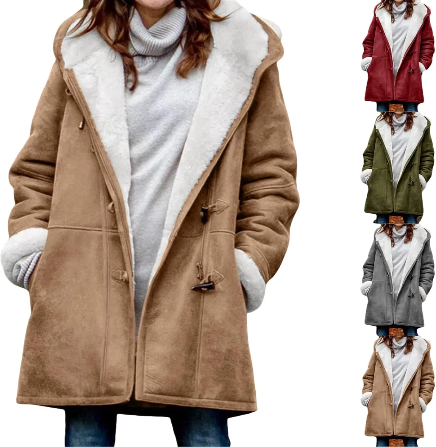 Women Winter Coats Trendy Sherpa Fleece Lined Suede Jackets Hooded Parka Faux Suede Wram Outwear Button Down Overcoat