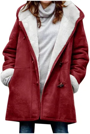 Women Winter Coats Trendy Sherpa Fleece Lined Suede Jackets Hooded Parka Faux Suede Wram Outwear Button Down Overcoat