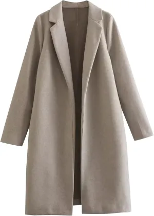 Women Winter Coats Wool Blend Mid Long Trench Coats Notch Lapel Open Front Pea Coat Elegant Work Office Jackets