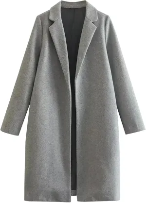 Women Winter Coats Wool Blend Mid Long Trench Coats Notch Lapel Open Front Pea Coat Elegant Work Office Jackets