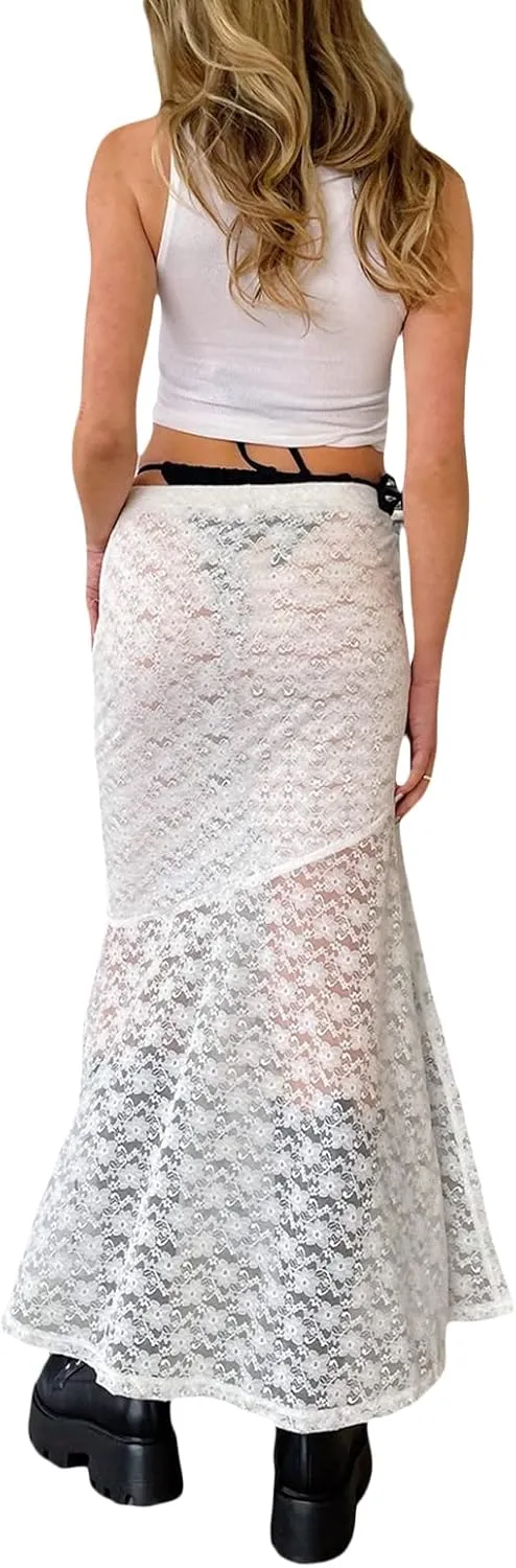 Women Y2k Lace Maxi Skirt Summer Sexy See Through Long Lace Skirt Casual Boho Fairy Grunge Midi Lace Skirt