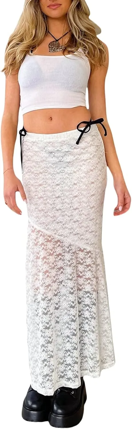 Women Y2k Lace Maxi Skirt Summer Sexy See Through Long Lace Skirt Casual Boho Fairy Grunge Midi Lace Skirt