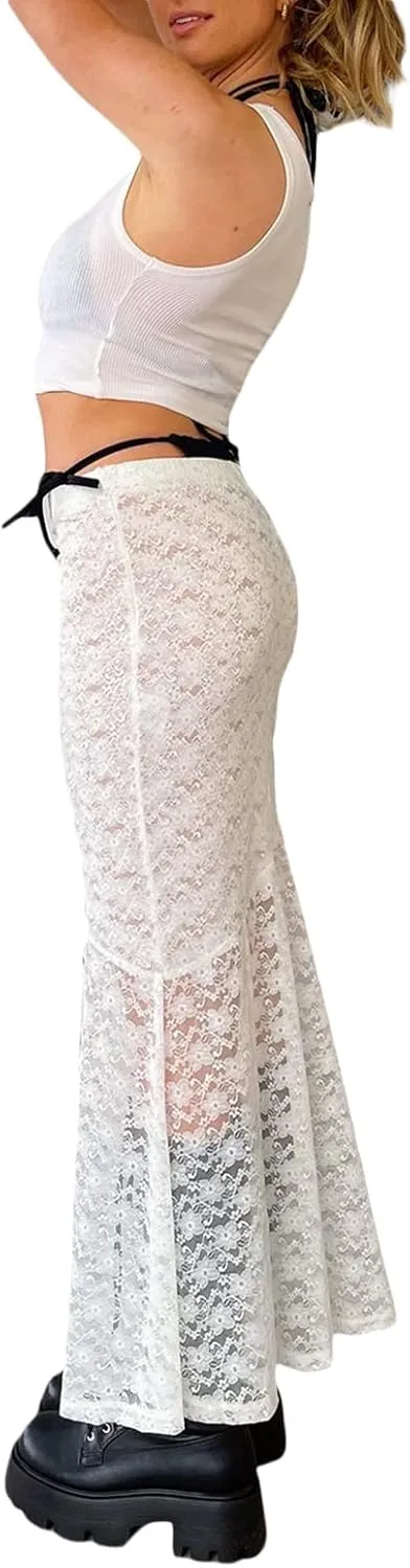 Women Y2k Lace Maxi Skirt Summer Sexy See Through Long Lace Skirt Casual Boho Fairy Grunge Midi Lace Skirt