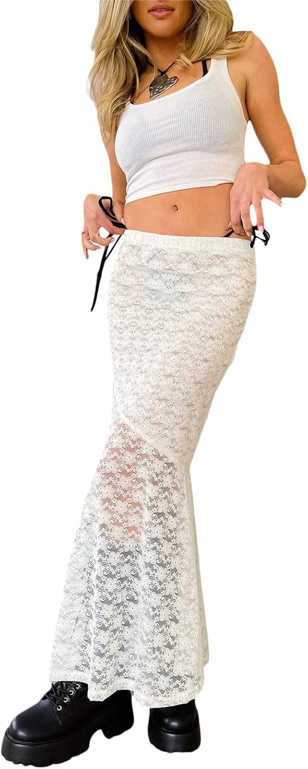Women Y2k Lace Maxi Skirt Summer Sexy See Through Long Lace Skirt Casual Boho Fairy Grunge Midi Lace Skirt