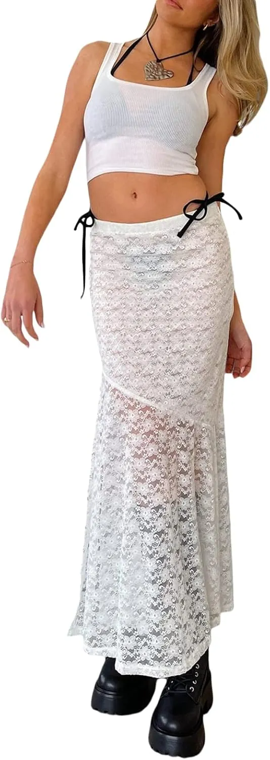 Women Y2k Lace Maxi Skirt Summer Sexy See Through Long Lace Skirt Casual Boho Fairy Grunge Midi Lace Skirt