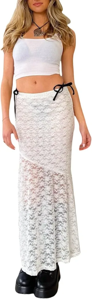 Women Y2k Lace Maxi Skirt Summer Sexy See Through Long Lace Skirt Casual Boho Fairy Grunge Midi Lace Skirt