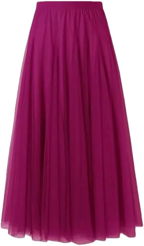 Women's Beach Pleated Midi Skirt Stretch High Waist Tulle Skirt A-Line Skirt