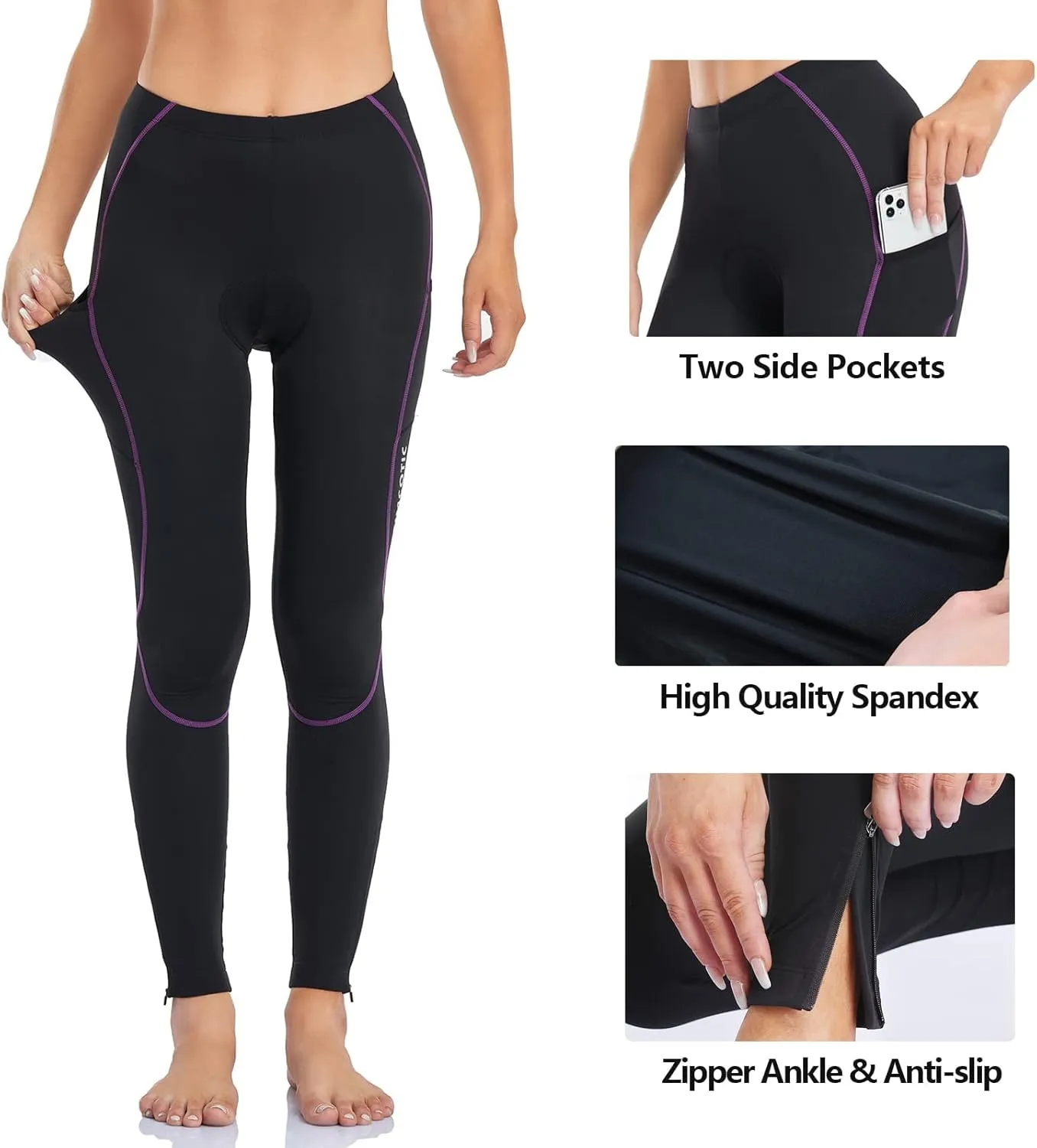 Women's Bike Pants 4D Padded Winter Cycling Pants Thermal Fleece Lined Long Bicycle Tights Compression Leggings with Pockets