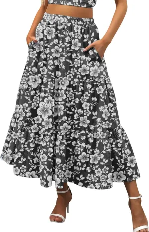 Womens Boho Tiered Maxi Skirt Summer Flowy Beach Skirts Elastic Waistband Midi Skirt Floral Pleated A Line Skirt with Pockets