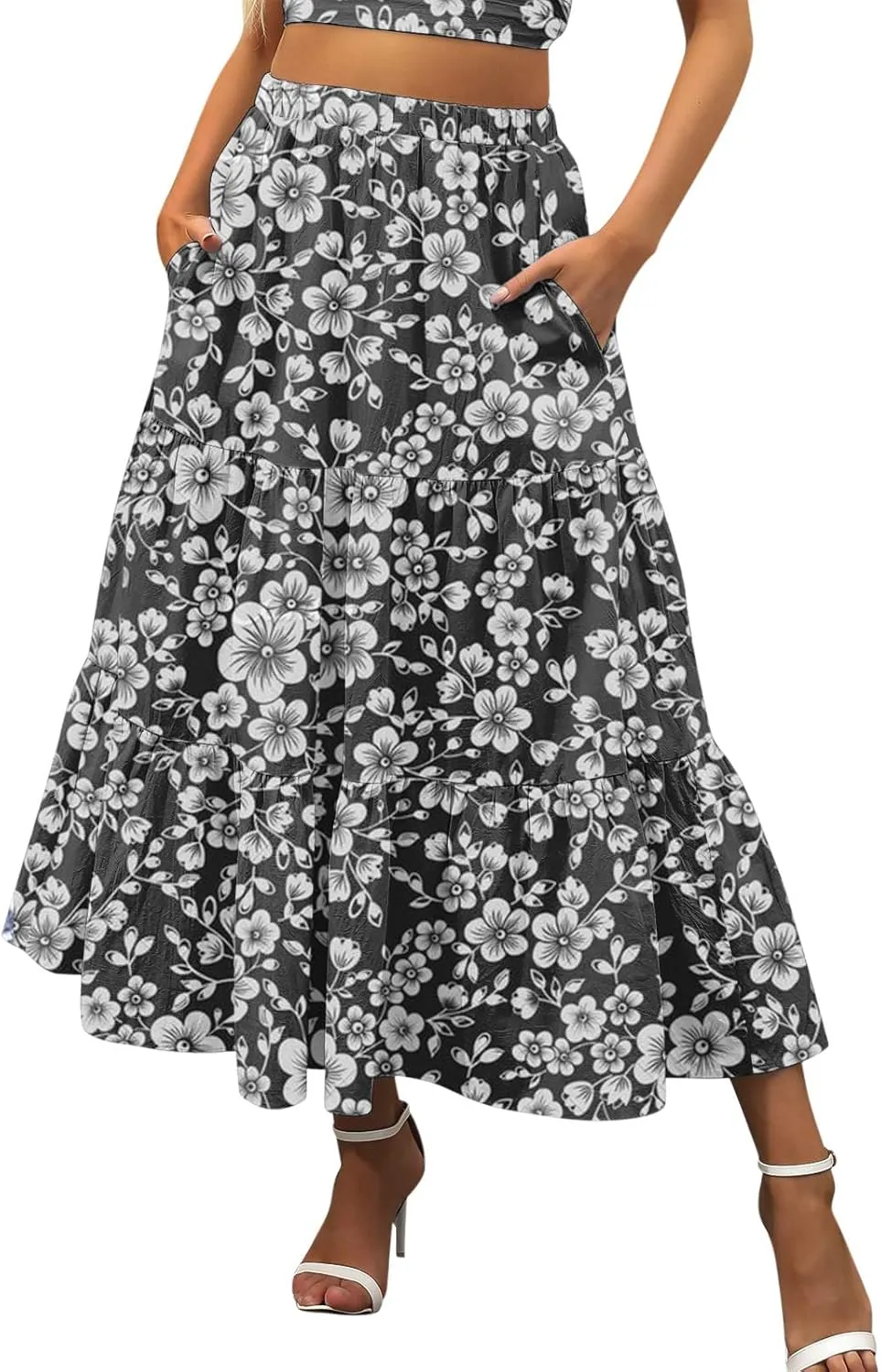 Womens Boho Tiered Maxi Skirt Summer Flowy Beach Skirts Elastic Waistband Midi Skirt Floral Pleated A Line Skirt with Pockets