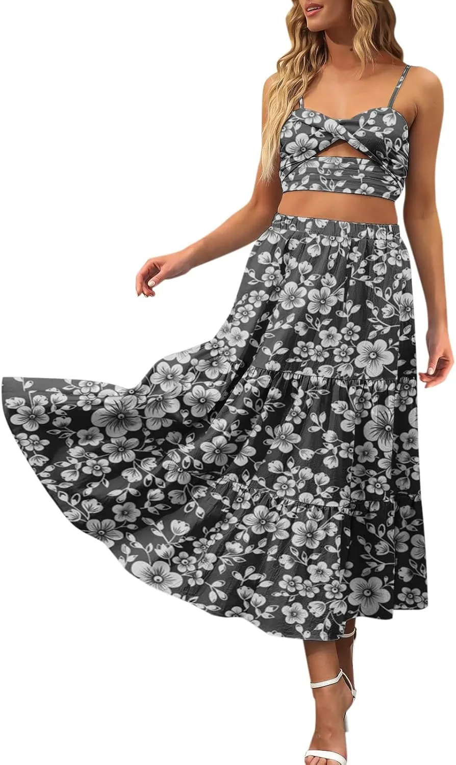 Womens Boho Tiered Maxi Skirt Summer Flowy Beach Skirts Elastic Waistband Midi Skirt Floral Pleated A Line Skirt with Pockets