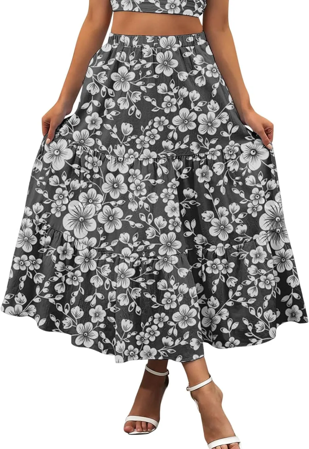 Womens Boho Tiered Maxi Skirt Summer Flowy Beach Skirts Elastic Waistband Midi Skirt Floral Pleated A Line Skirt with Pockets