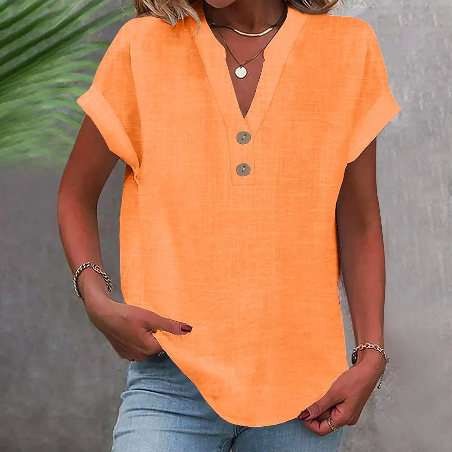 Womens Button Down Linen Shirt Short Sleeve V Neck Shirts Solid Color Comfy Tops Summer Casual Dressy Tunic Top