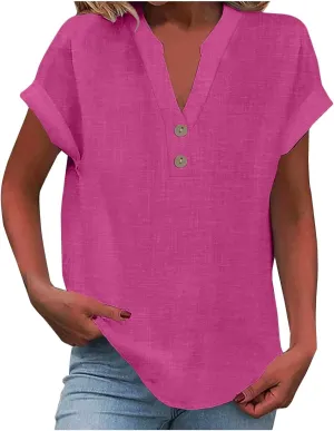 Womens Button Down Linen Shirt Short Sleeve V Neck Shirts Solid Color Comfy Tops Summer Casual Dressy Tunic Top