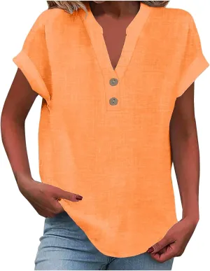 Womens Button Down Linen Shirt Short Sleeve V Neck Shirts Solid Color Comfy Tops Summer Casual Dressy Tunic Top