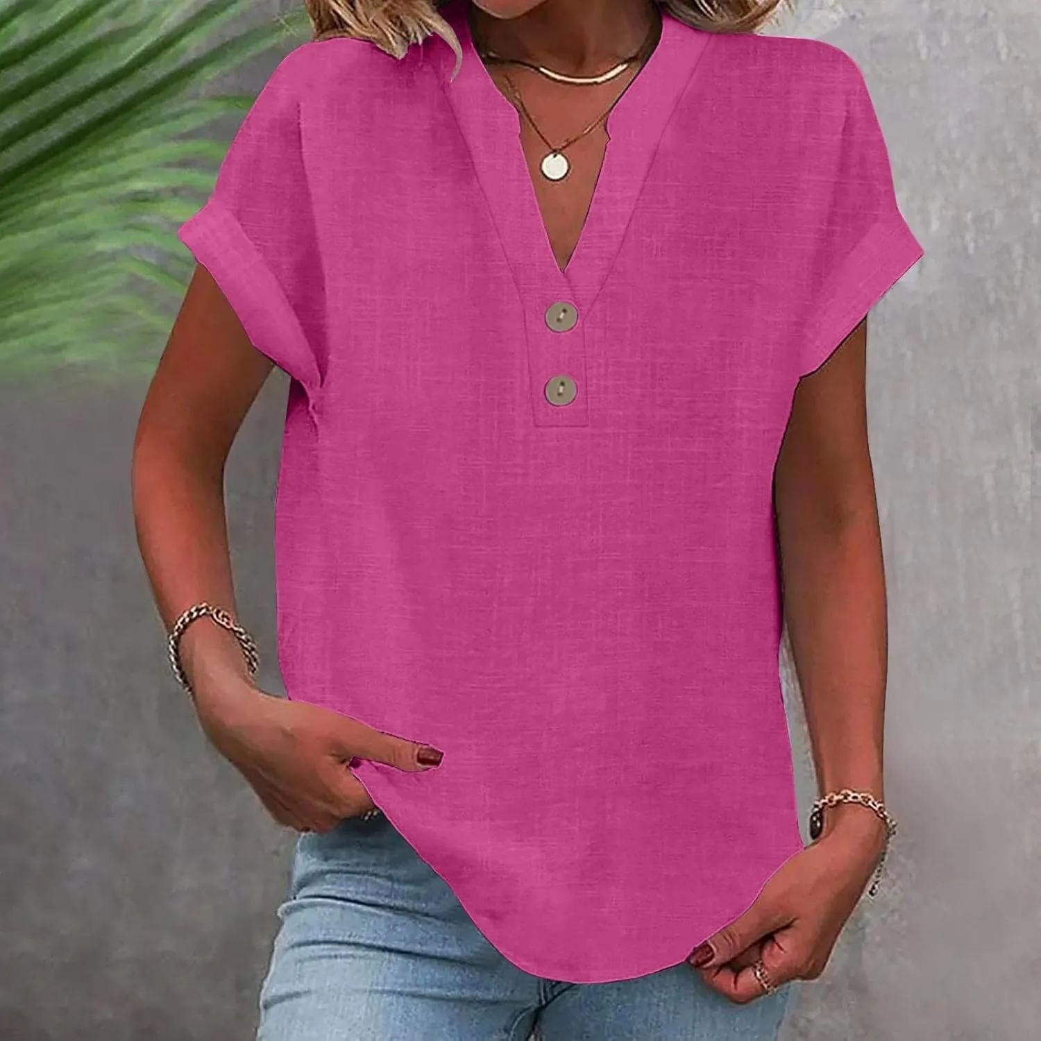 Womens Button Down Linen Shirt Short Sleeve V Neck Shirts Solid Color Comfy Tops Summer Casual Dressy Tunic Top