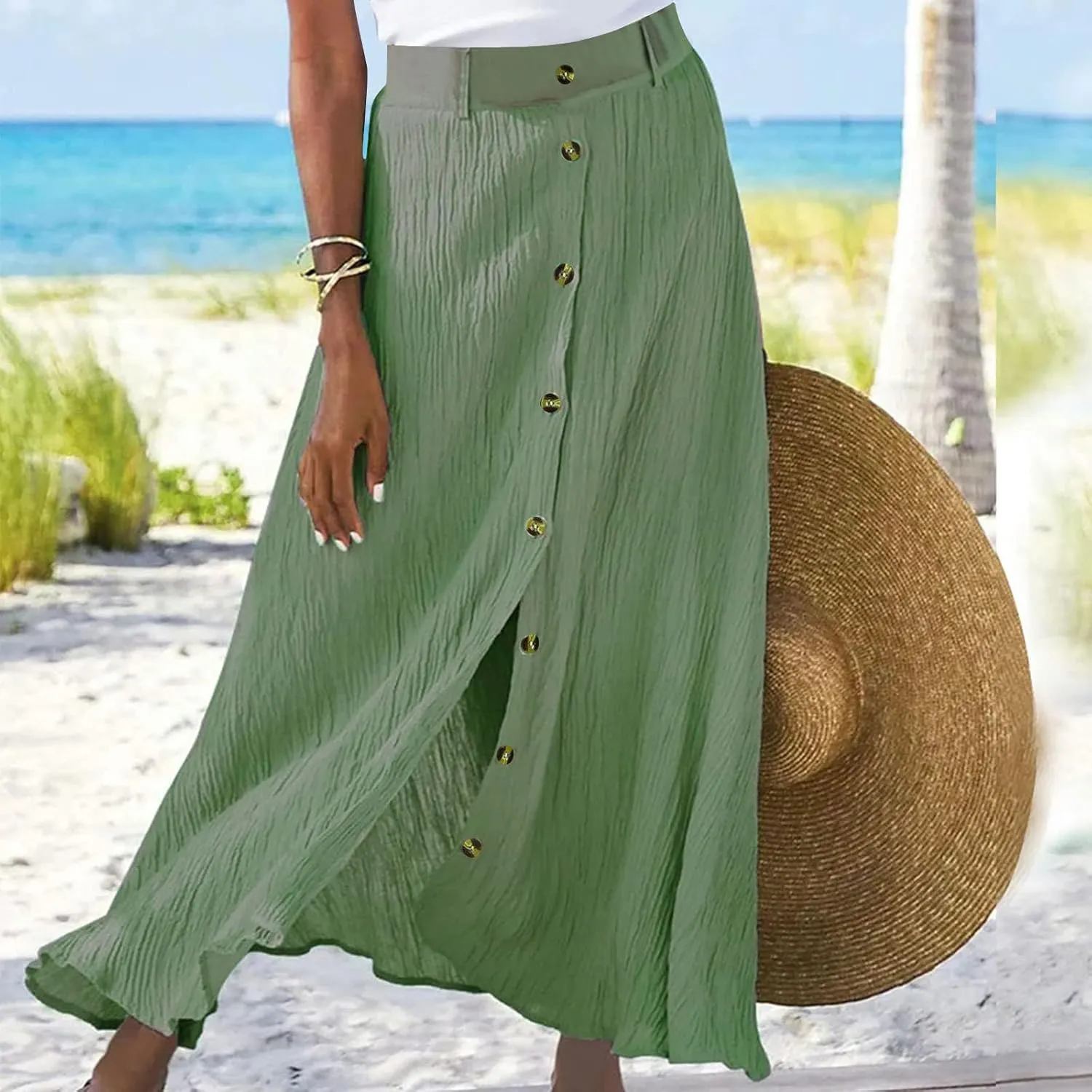Womens Button Front Flowy Maxi Skirt High Waisted Plisse A Line Skirts 2025 Summer Casual Pleated Flared Long Skirt