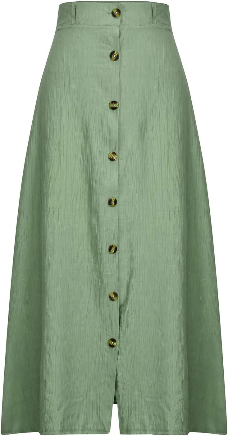 Womens Button Front Flowy Maxi Skirt High Waisted Plisse A Line Skirts 2025 Summer Casual Pleated Flared Long Skirt