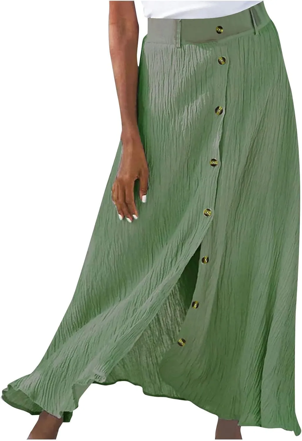 Womens Button Front Flowy Maxi Skirt High Waisted Plisse A Line Skirts 2025 Summer Casual Pleated Flared Long Skirt