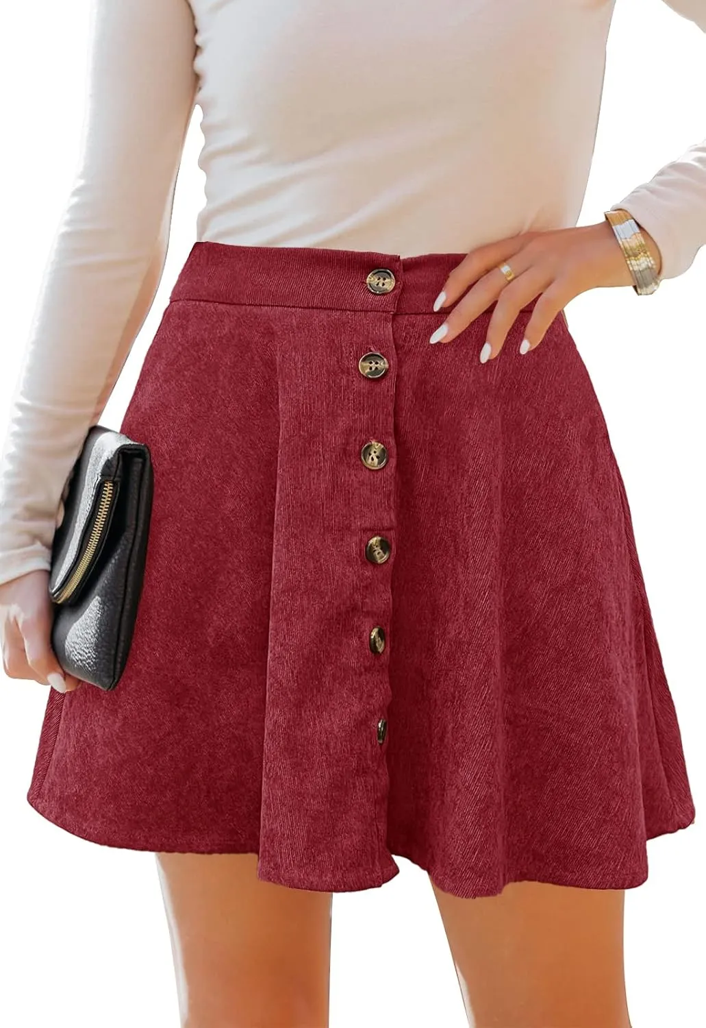 Womens Button Front Mini Skirt A-line Pleated Corduroy Skater Skirts for Women with Pocket