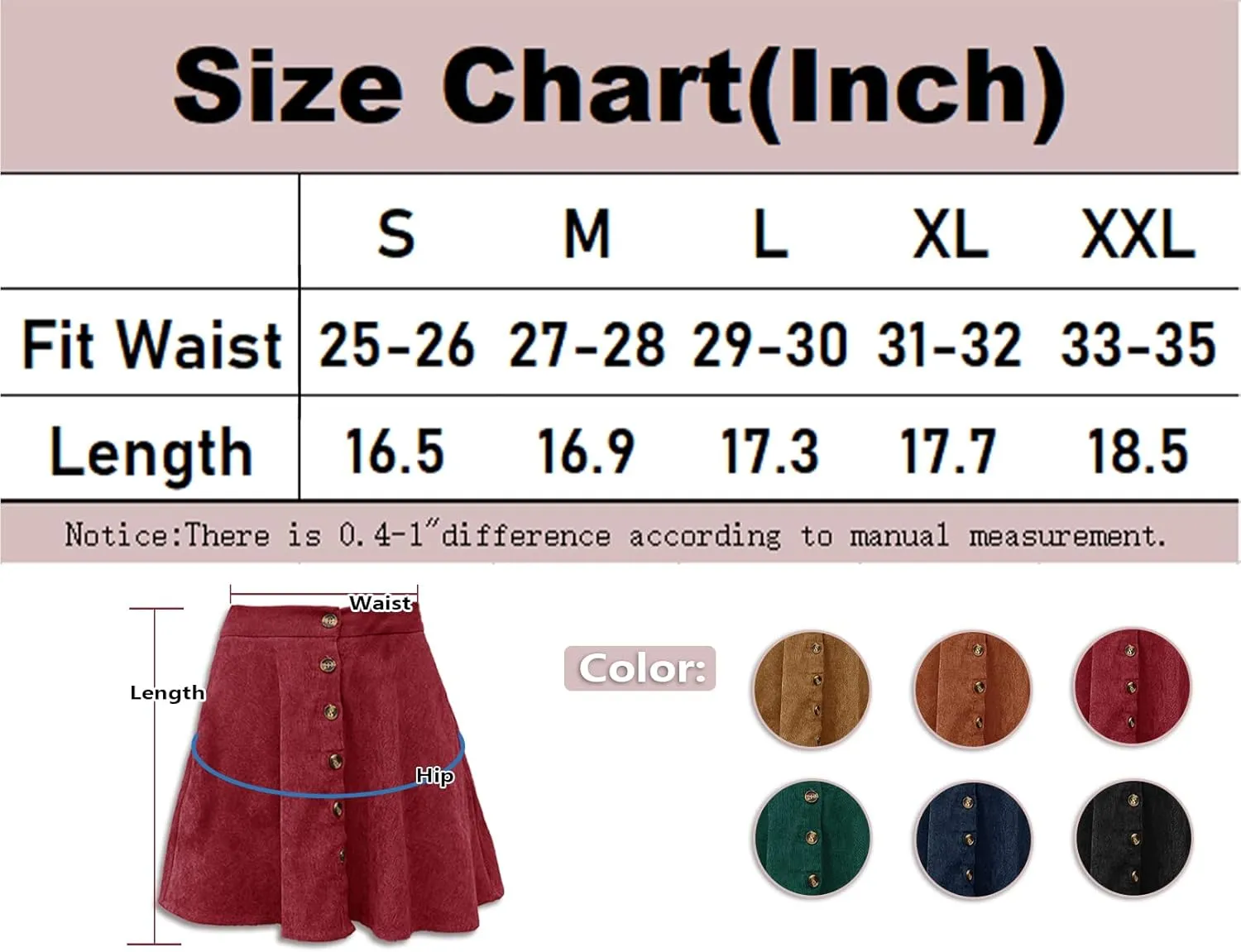 Womens Button Front Mini Skirt A-line Pleated Corduroy Skater Skirts for Women with Pocket