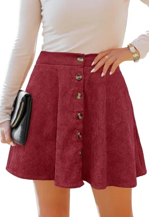 Womens Button Front Mini Skirt A-line Pleated Corduroy Skater Skirts for Women with Pocket