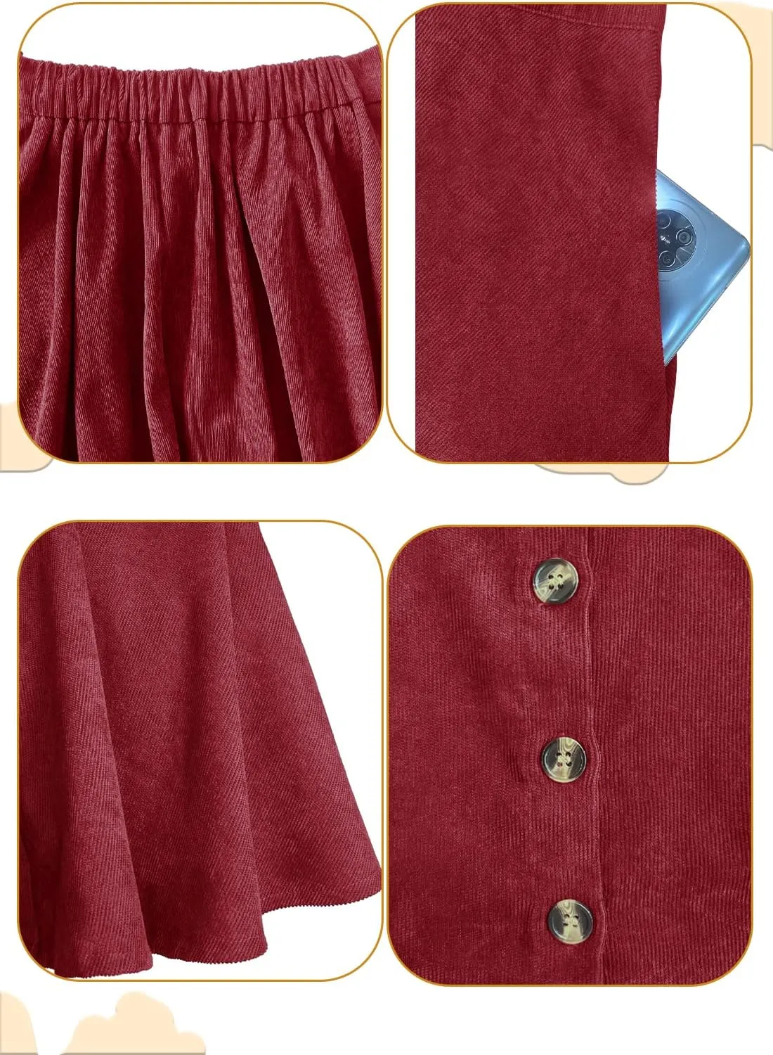 Womens Button Front Mini Skirt A-line Pleated Corduroy Skater Skirts for Women with Pocket