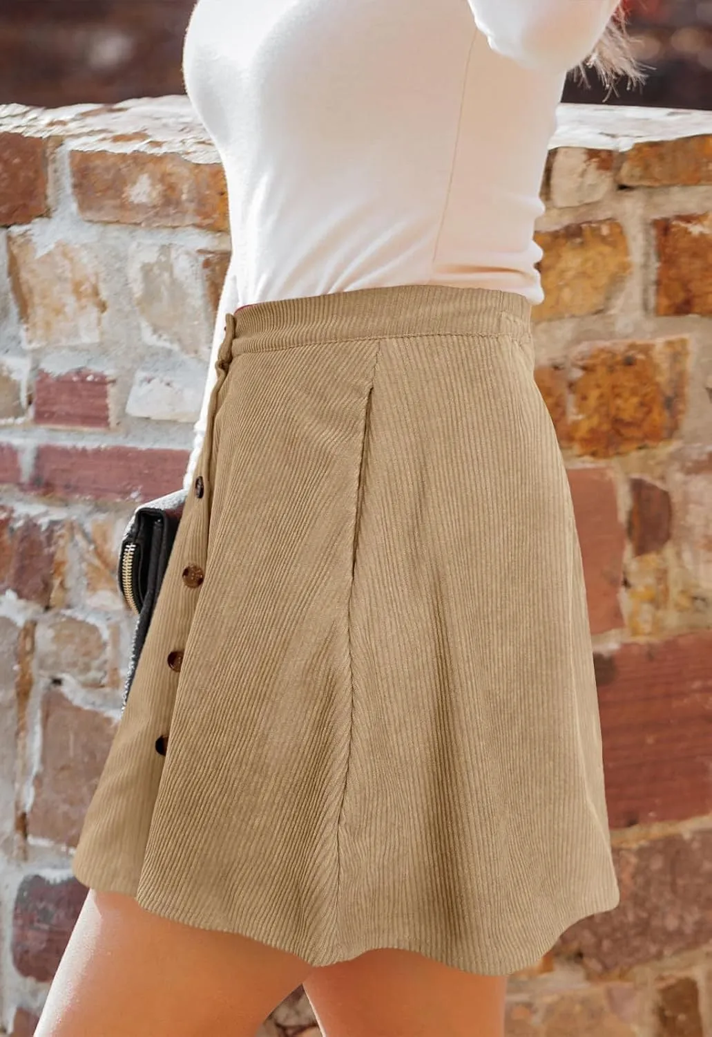 Womens Button Front Mini Skirt A-line Pleated Corduroy Skater Skirts for Women with Pocket