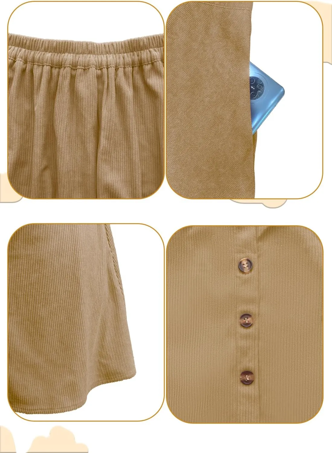 Womens Button Front Mini Skirt A-line Pleated Corduroy Skater Skirts for Women with Pocket