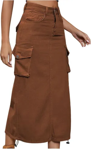 Womens Cargo Denim Maxi Skirt Trendy High Waist A-Line Frayed Drawstring Hem Fashion Long Jean Skirt Y2K Streetwear