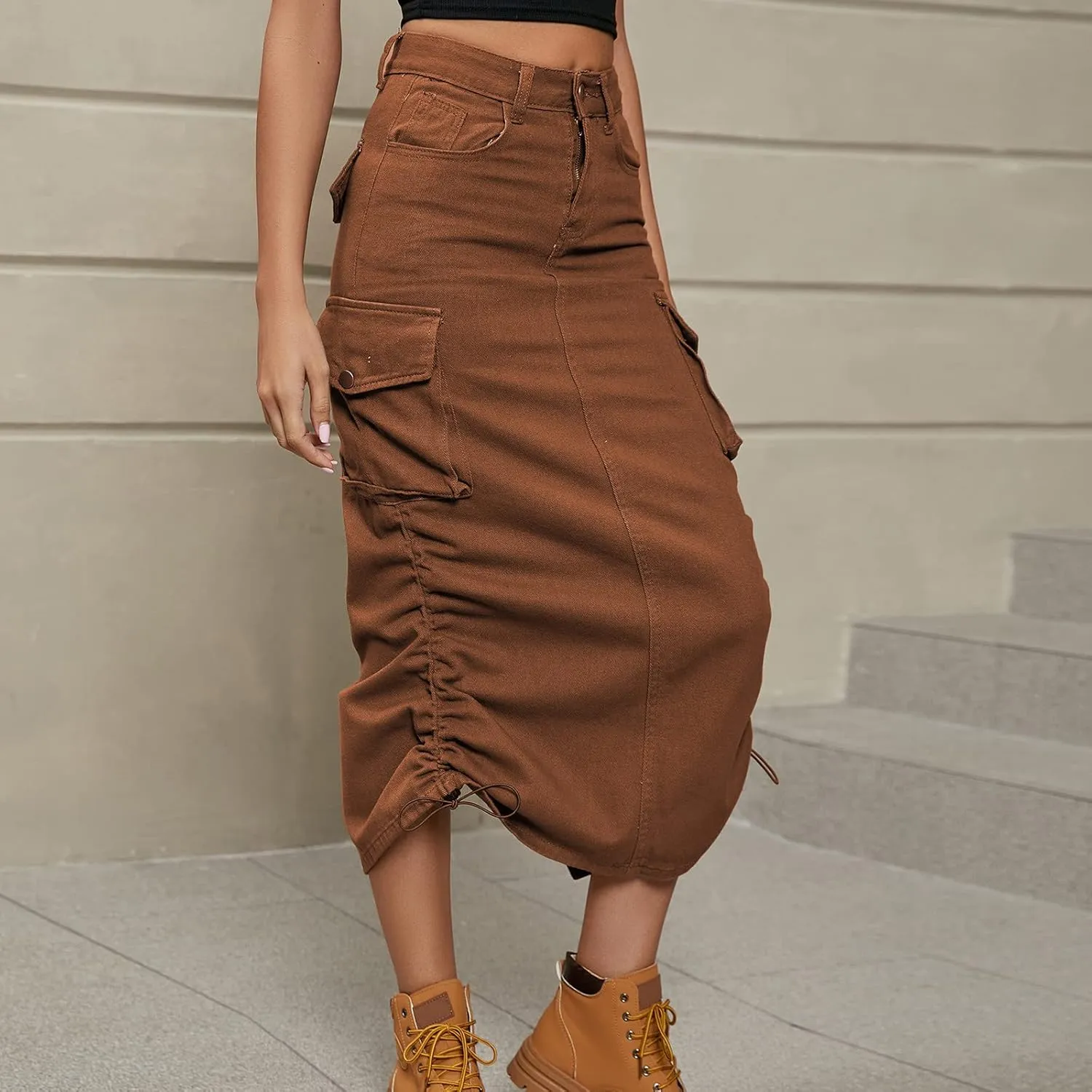 Womens Cargo Denim Maxi Skirt Trendy High Waist A-Line Frayed Drawstring Hem Fashion Long Jean Skirt Y2K Streetwear